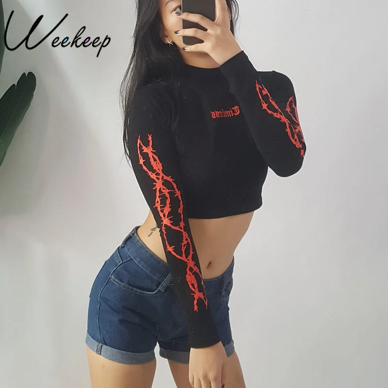 Weekeep Fashion Long Sleeve Gothic Letter Print Cropped t shirt 2017 Autumn Black Stand Collar Streetwear Crop Top tshirt Tops