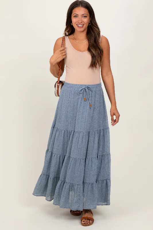 Blue Drawstring Tiered Maternity Maxi SkirtCrinoline