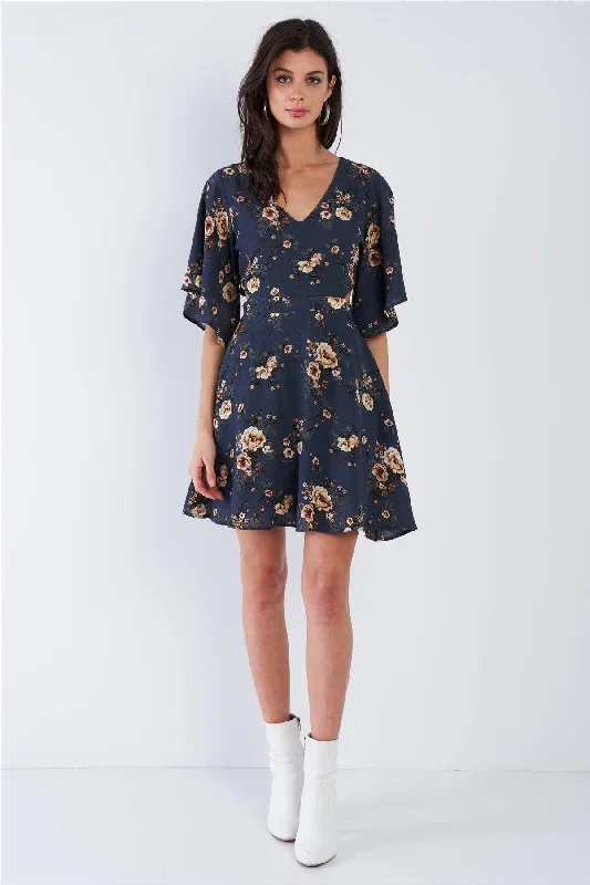 Asymmetrical DressBlue Side Cut Out Multi Floral Print Kimono Sleeve Mini  Dress  /1-2-1