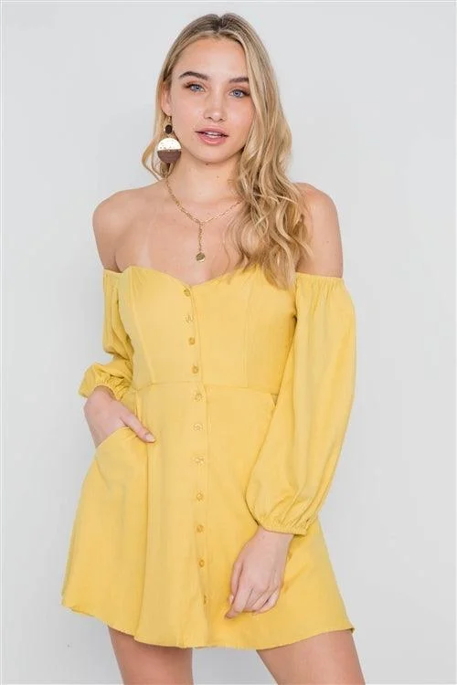 T-shirt DressMustard Off-The-Shoulder Button Down Boho Mini Dress /3-2