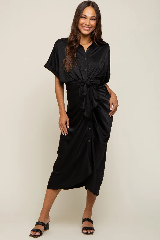 Tutu DressBlack Satin Button Down Gathered Maternity Midi Dress