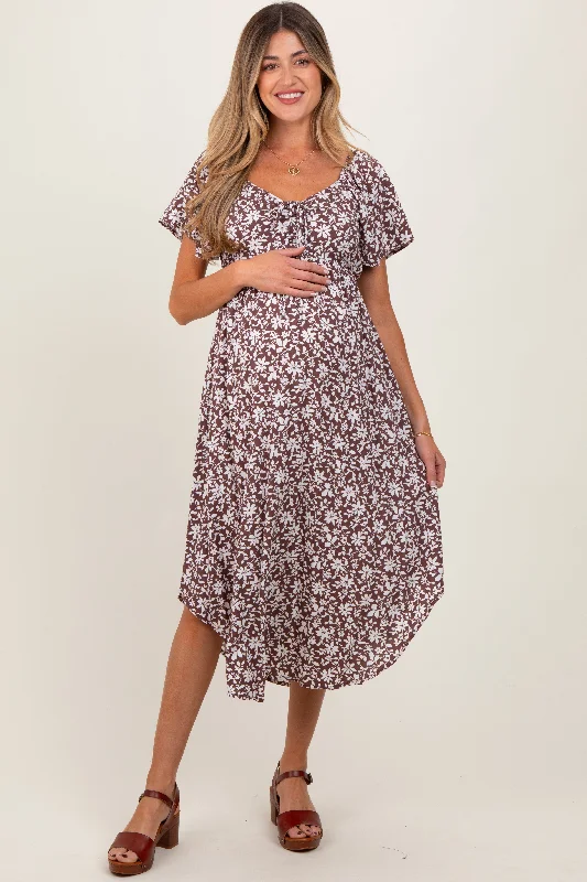 Utility DressBrown Floral Ruched Tie Front Maternity Midi Dress