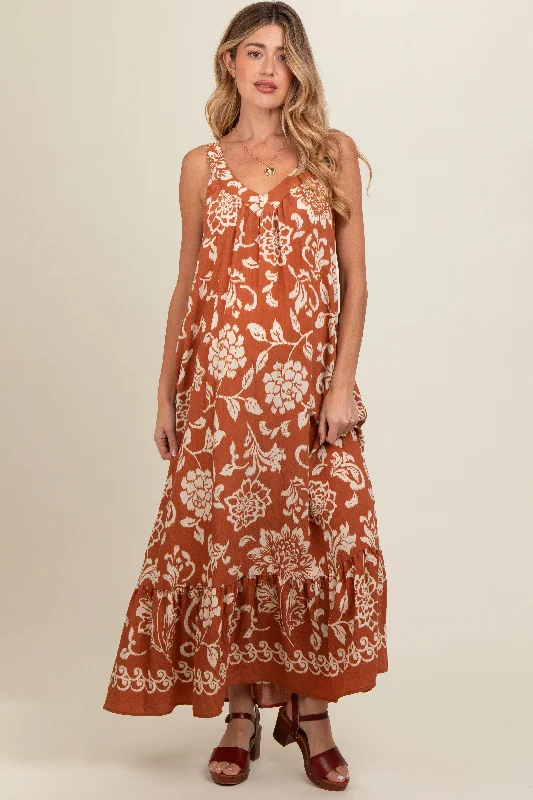 Cap-sleeve DressRust Floral Tie Back Maternity Maxi Dress