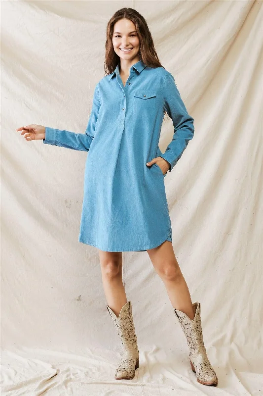 Hiking DressStone Blue Ribbed Button-Up Collared Neck Two Pocket Mini Dress /1-2-2-1