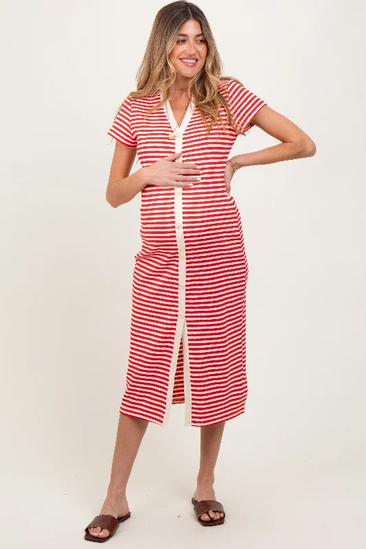 Peplum DressRed Striped Button Down Maternity Midi Dress