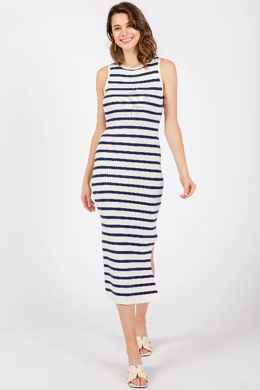 Plaid DressWhite Navy Striped Knit Sleeveless Side Slit Midi Dress