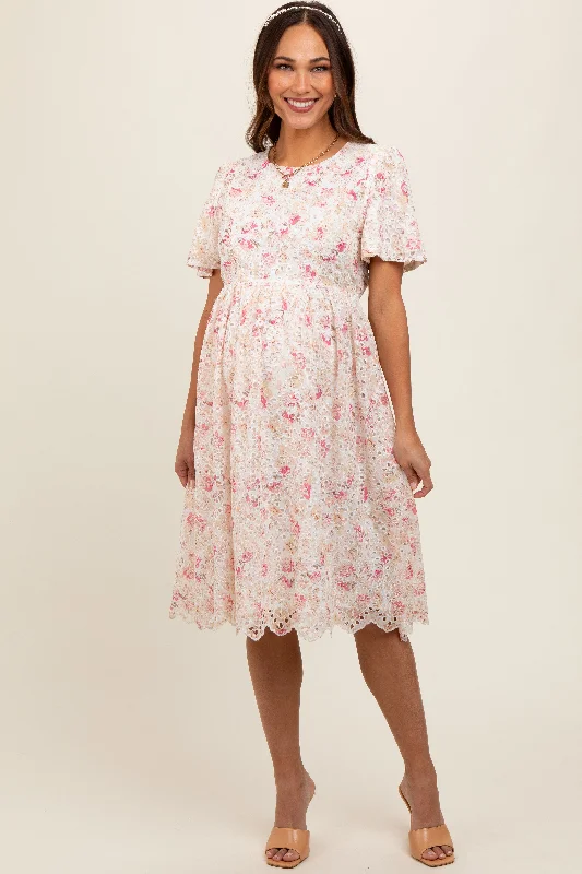 Utility DressIvory Floral Embroidered Eyelet Maternity Midi Dress