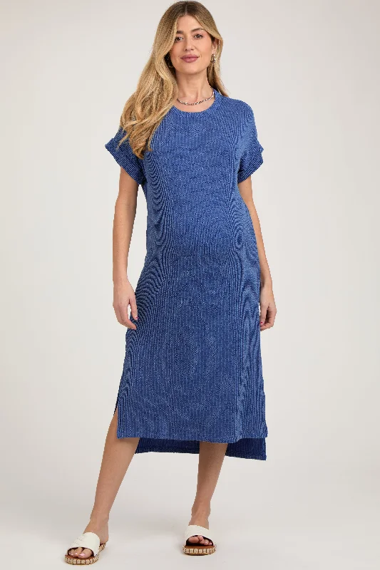 Uniform DressBlue Ribbed Short Sleeve Maternity Midi Dress