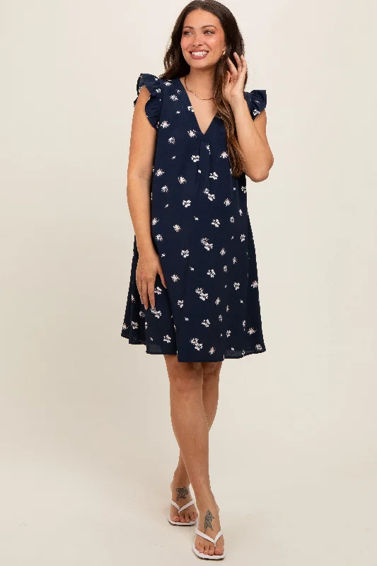 Dirndl DressNavy Blue Floral Ruffle Cap Sleeve Maternity Dress