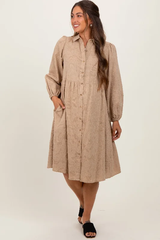 Waterproof DressCamel Tiered Button Down Maternity Shirt Dress