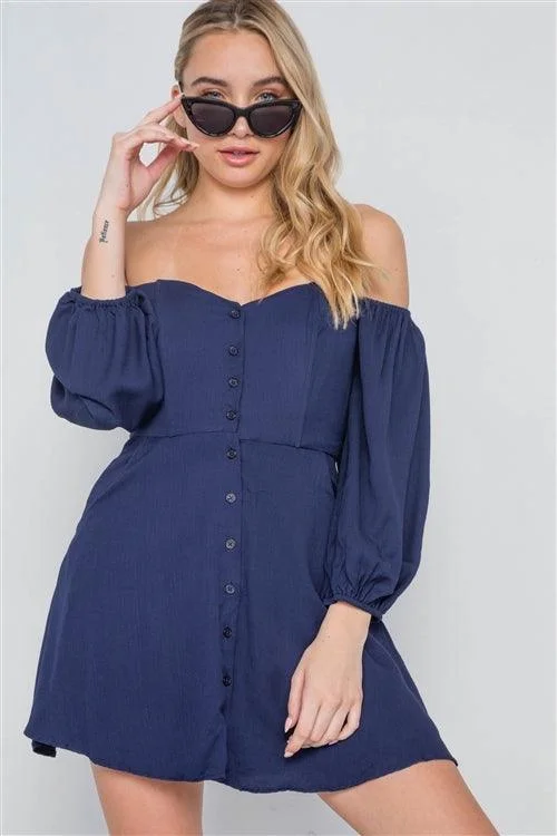 Mini DressNavy Off-The-Shoulder Button Down Boho Mini Dress /2-2-1