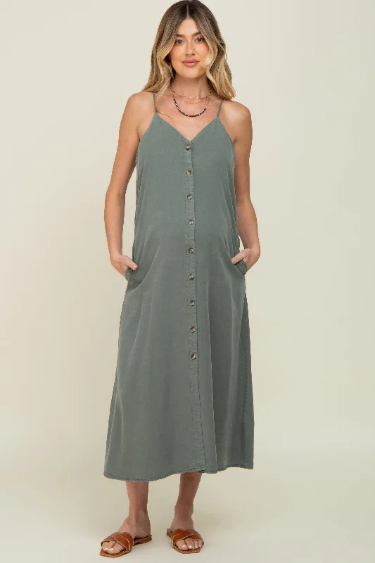 Evening DressOlive Button Down Maternity Midi Tank Dress