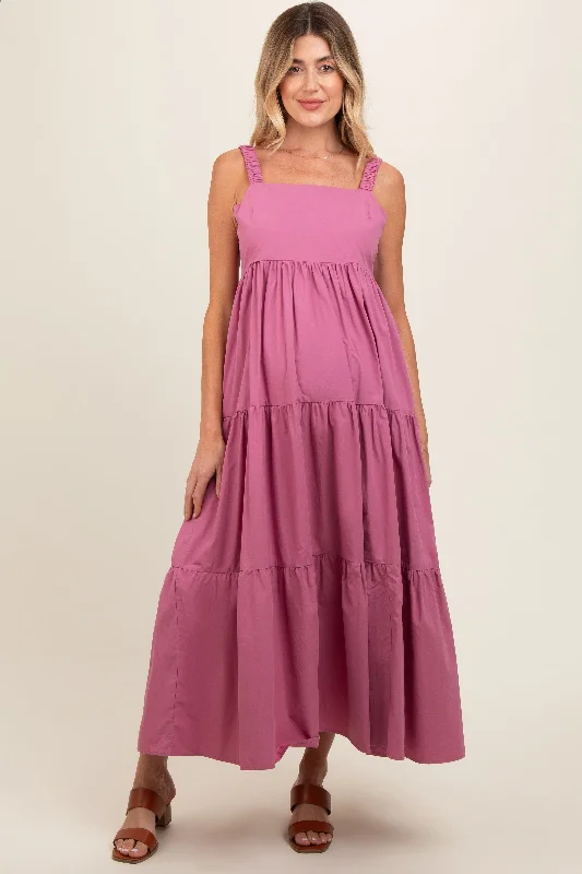 Long-sleeve DressMauve Square Neck Cut Out Back Tiered Maternity Maxi Dress