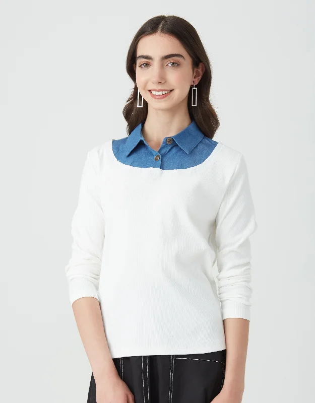 Ribbed Faux Layered Top with Collar Blouse White Blue DenimWool Shirts