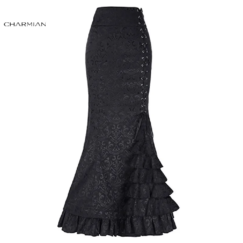 Charmian Women's Sexy Gothic Vintage Mermaid Skirt Victorian Black Lace up Corset Skirt High Waist Evening Party Retro SkirtA-line Skirt