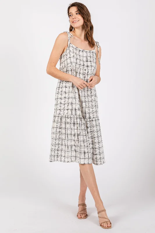 Ball GownIvory Plaid Shoulder Tie Midi Dress