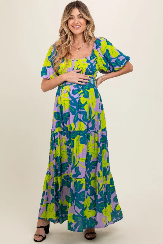 Insulated DressTeal Leaf Print Printed Puff Sleeve Maternity Maxi Dress