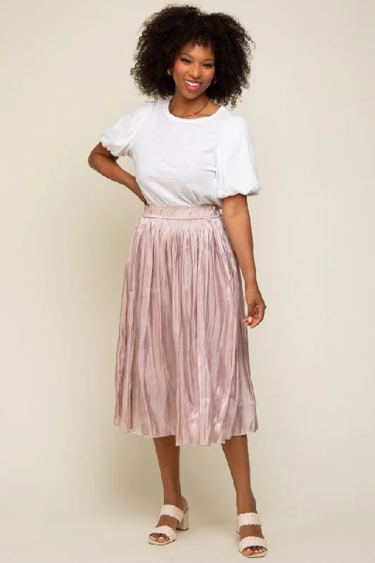 Light Pink Pleated Shimmer Satin Midi SkirtBroomstick Skirt