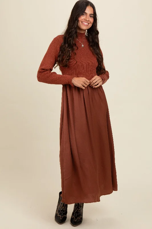 High-visibility DressBrown Knit Contrast Top Satin Midi Dress