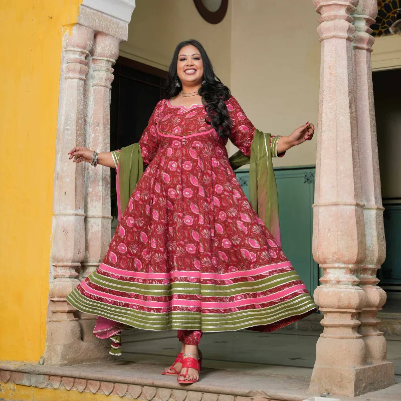 Rosy Charm Floral Cotton Anarkali Set