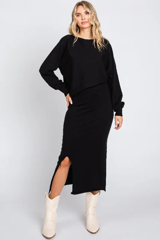 Black Knit Long Sleeve Crop Top Midi Skirt SetThermal Skirt