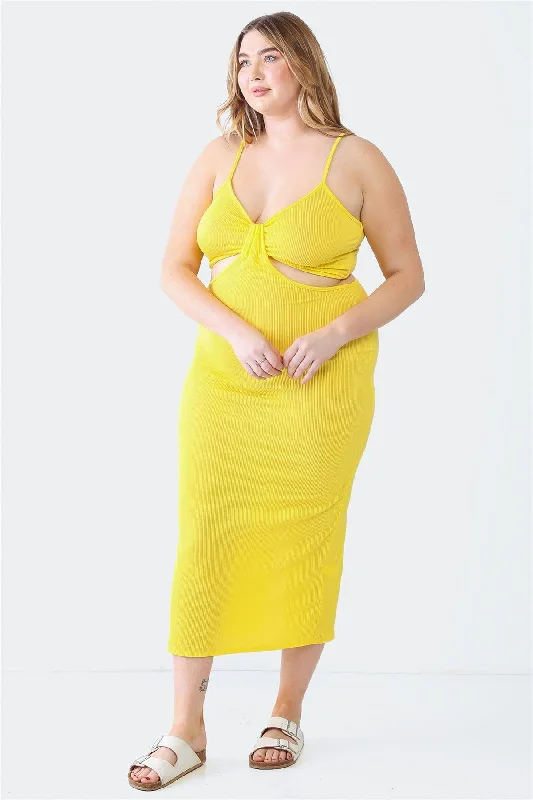 Cocktail DressJunior Plus Yellow Ribbed Bow Cut-Out Sleeveless Strappy Midi Dress /2-2-1