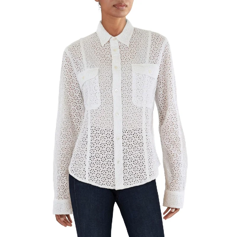 Womens Eyelet Long Sleeve Button-Down Top