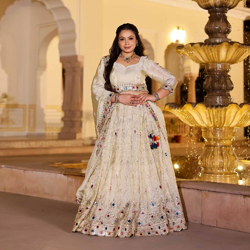 CHAND TARA Off-White & Gold Sequin Embroidered Pure Tissue Silk Lehenga Set