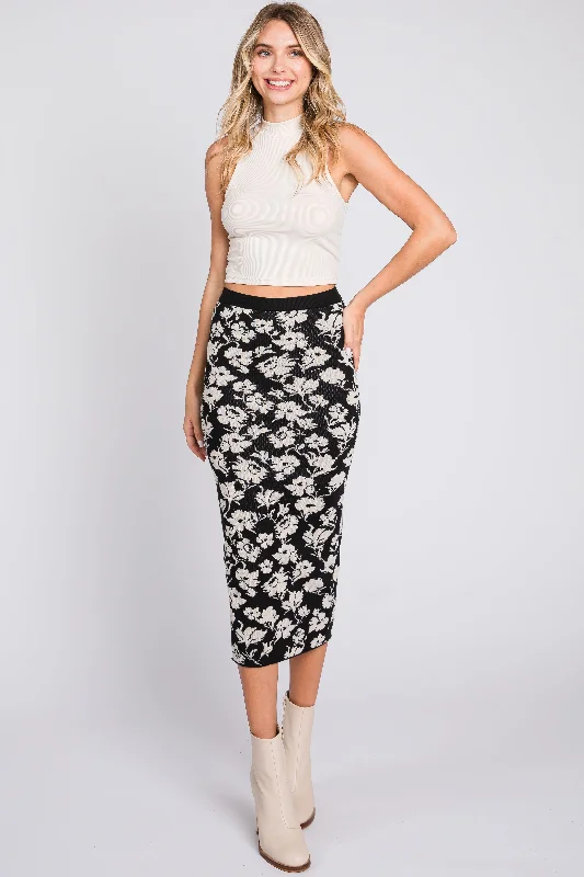 Black Floral Knit Midi SkirtRuffled Skirt