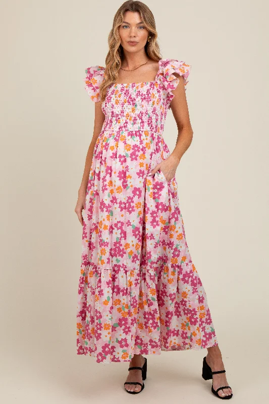 Striped DressPink Floral Smocked Ruffle Sleeve Maternity Maxi Dress