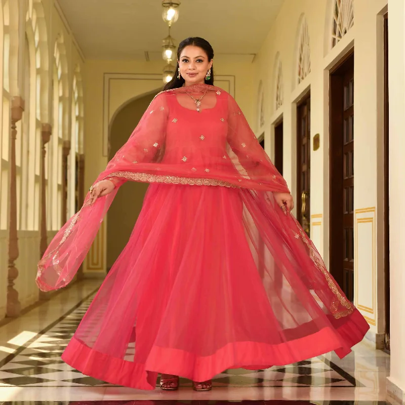 Coral Crush Glam Tissue Net Anarkali Set