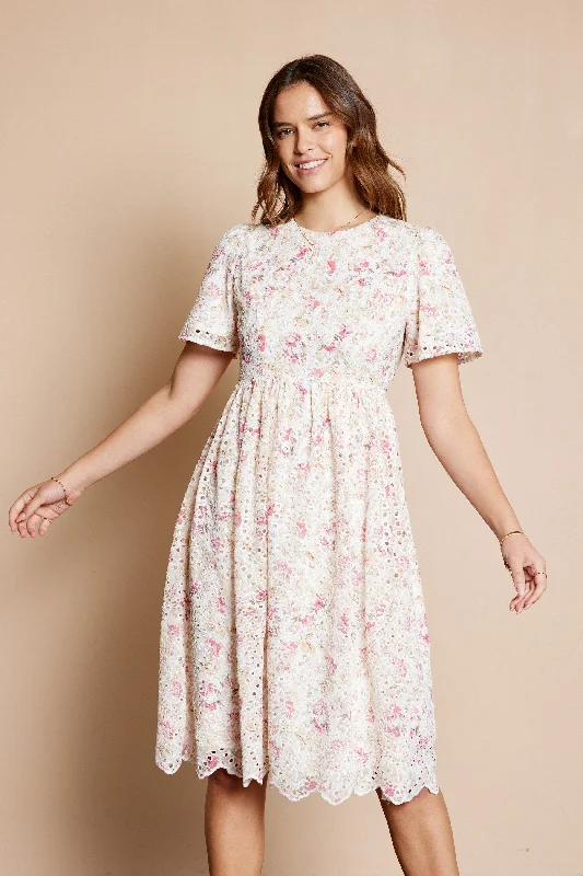 School DressIvory Floral Embroidered Eyelet Midi Dress