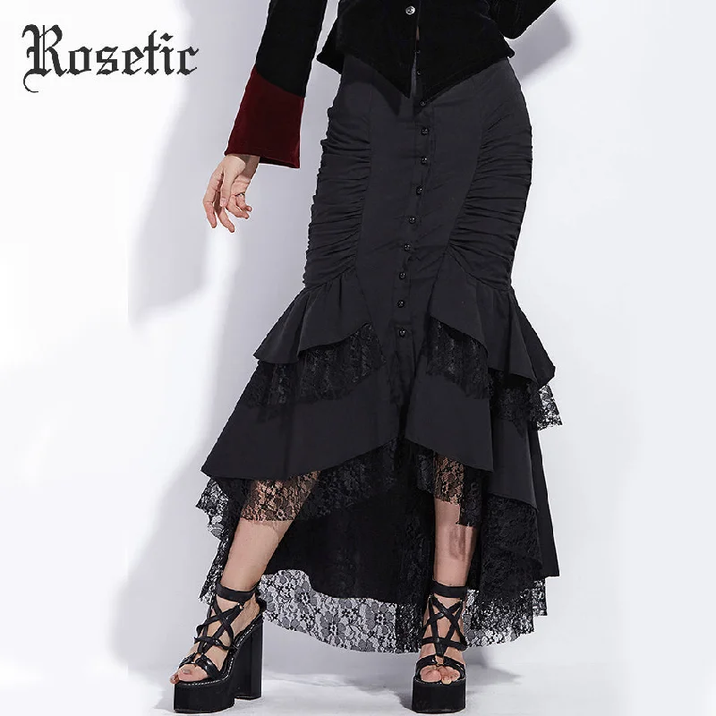 Rosetic Gothic Mermaid Skirt Women Autumn Black Lace Goth Trumpet Bottoms Fishtail Fashion Bodycon Vintage Gothic Mermaid SkirtsSequin Skirt