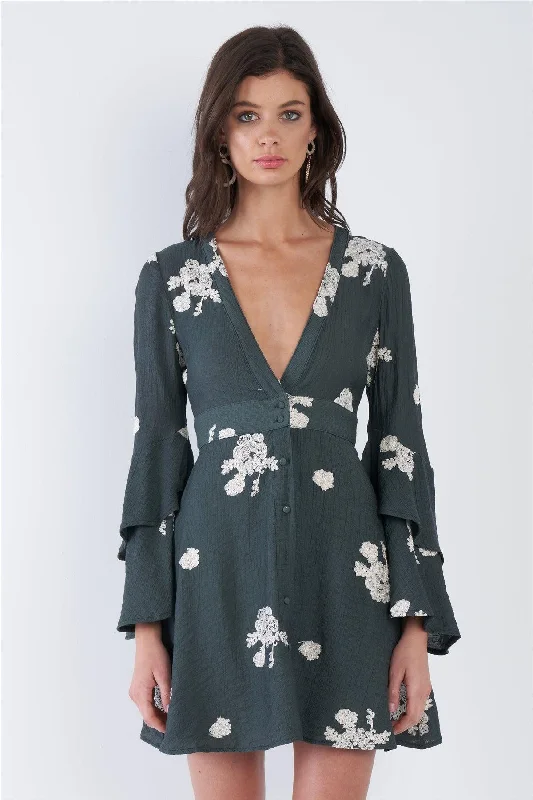 Geometric DressTeal Green Chic Floral V-Neck Layered Trumpet Sleeve Mini Dress /3-2-1