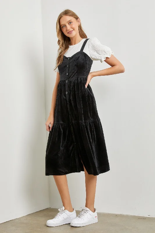 Party DressBlack Velvet Ruffled Midi Dress