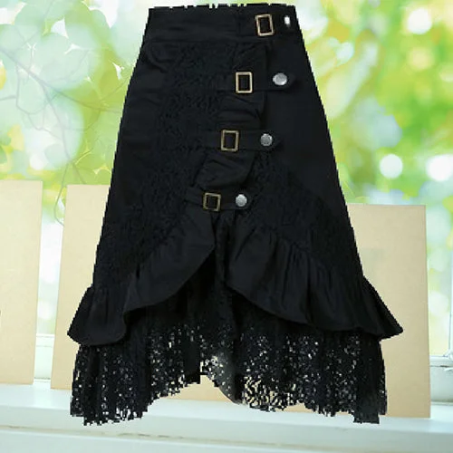 Women's Steampunk Gothic Style Black Lace Splicing Metal Button Buckle SkirtLace Skirt