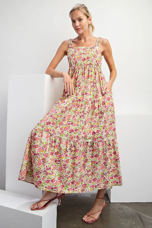 Sequin DressPink Floral Square Neck Cut Out Back Tiered Maxi Dress