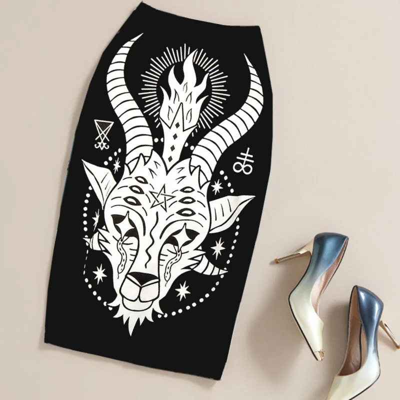 Summer Black Gothic Rock Punk Print Pencil Skirt Clothing Vintage Baphomet Goat Of Mendes Ladies High Waist Midi Bodycon SkirtsGala Skirt