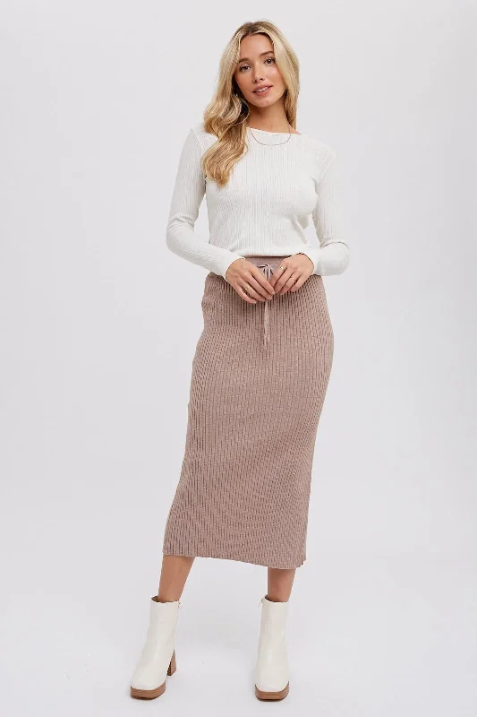 Mocha Rib Knit Midi SkirtHoop Skirt