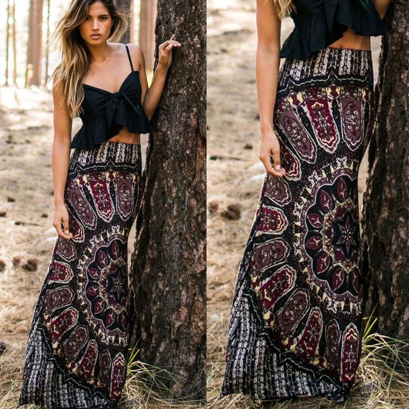 Beach Clothing Casual Summer Sexy Women Skirts BOHO Hippy Women Summer Floral Vintage Long Maxi Slim Skinny SkirtSheer Skirt