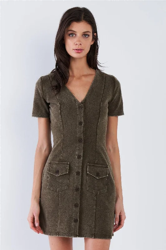 Floral DressOlive Green Acid Washed V-Neck Button Down Mini Dress