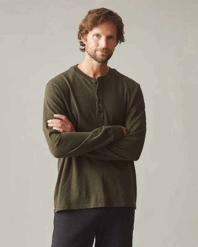 Premium Slub Henley Tee Long Sleeve - Deep Olive