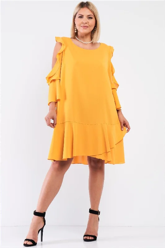 Dance DressJunior Plus Mustard Midi Sleeve Flare Hem Layered Bottom Off-The-Shoulder Mini Dress /1-1-1