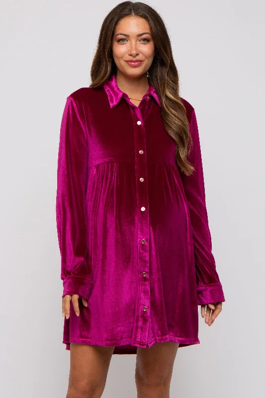 Cocktail DressMagenta Velvet Button Down Maternity Dress