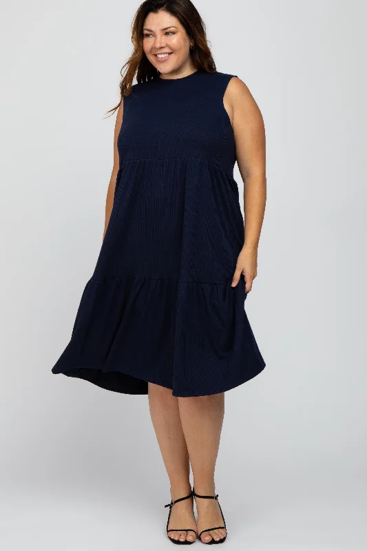 Business DressNavy Ribbed Sleeveless Plus Midi Dress