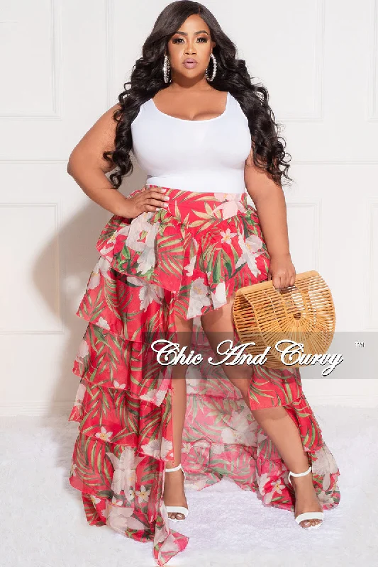 Final Sale Plus Size Chiffon High/Low Ruffle Tiered Skirt in Fuchsia Floral PrintCrinoline