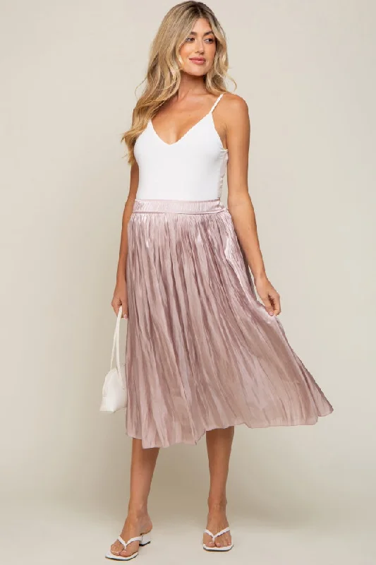 Light Pink Pleated Shimmer Satin Maternity Midi SkirtKilt