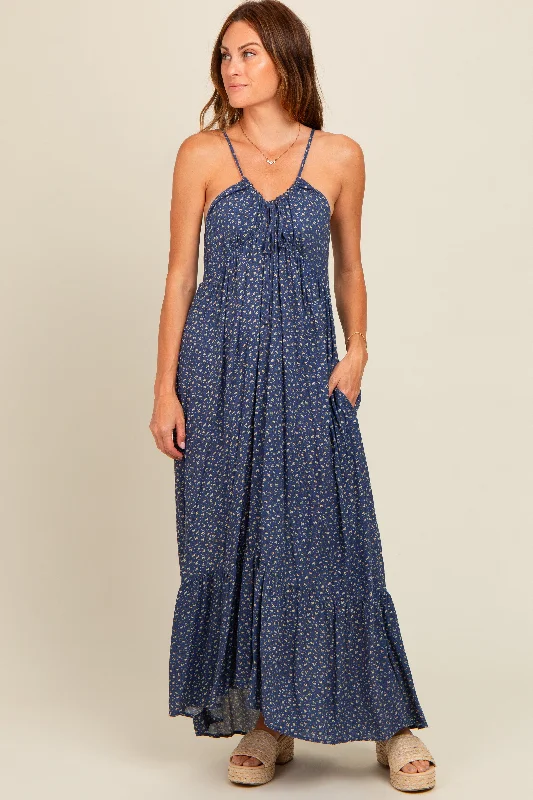 Printed DressBlue Floral Tie Front Maxi Dress