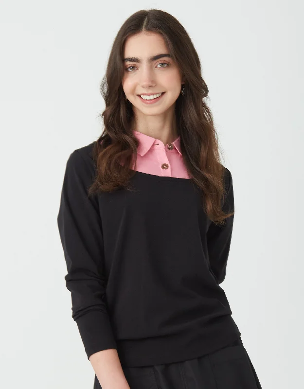 Faux Layered Top with Collar Blouse Black Black Candy PinkPolyester Shirts