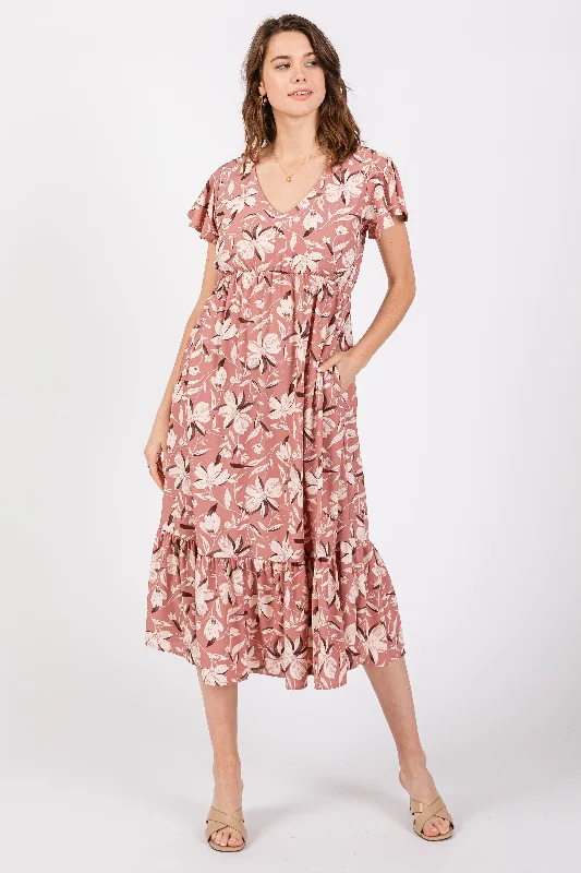 Puff-sleeve DressMauve Floral Flutter Sleeve Midi Dress